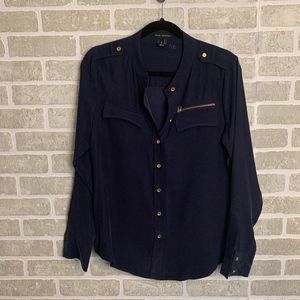 Pink Tartan Navy Blouse with Gold Accents